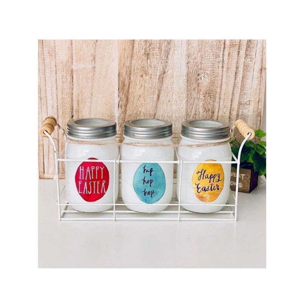 NWT Rae Dunn 4 Pcs Farmhouse Easter Mason Glass Jars & Metal Caddy Carrier Tray